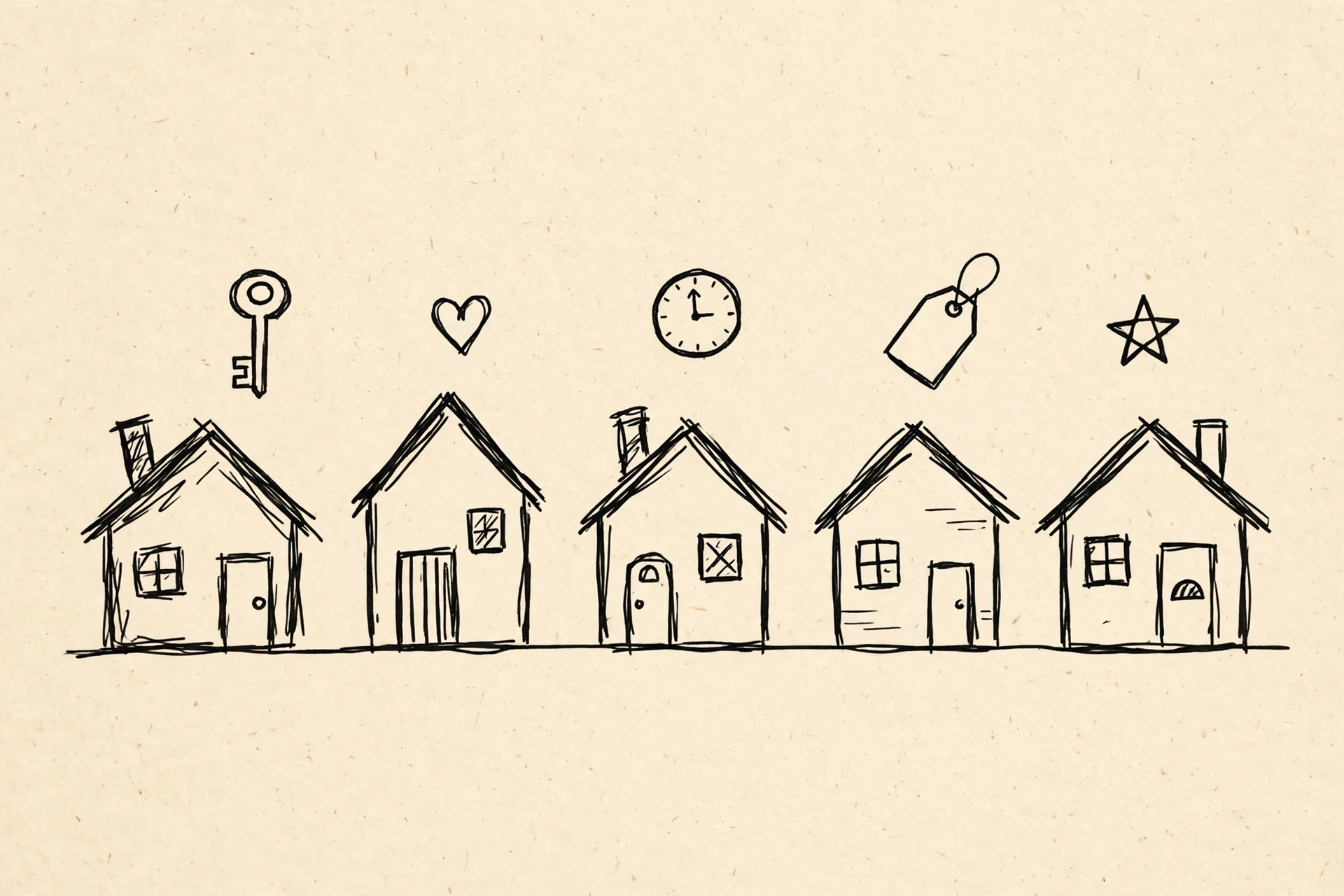 Doodle of five little houses, one for each seller type