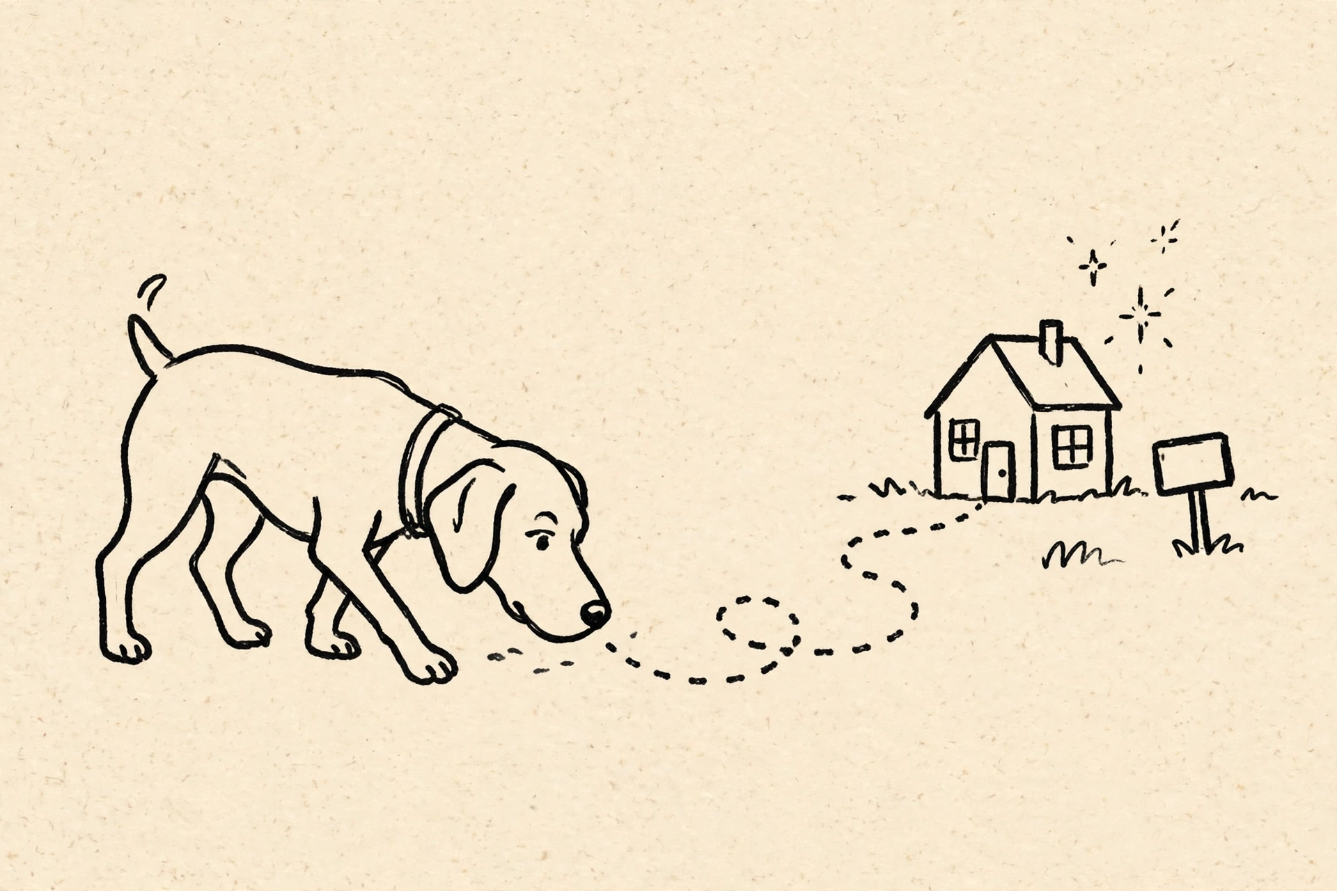 Doodle of a bird dog sniffing out a house for sale