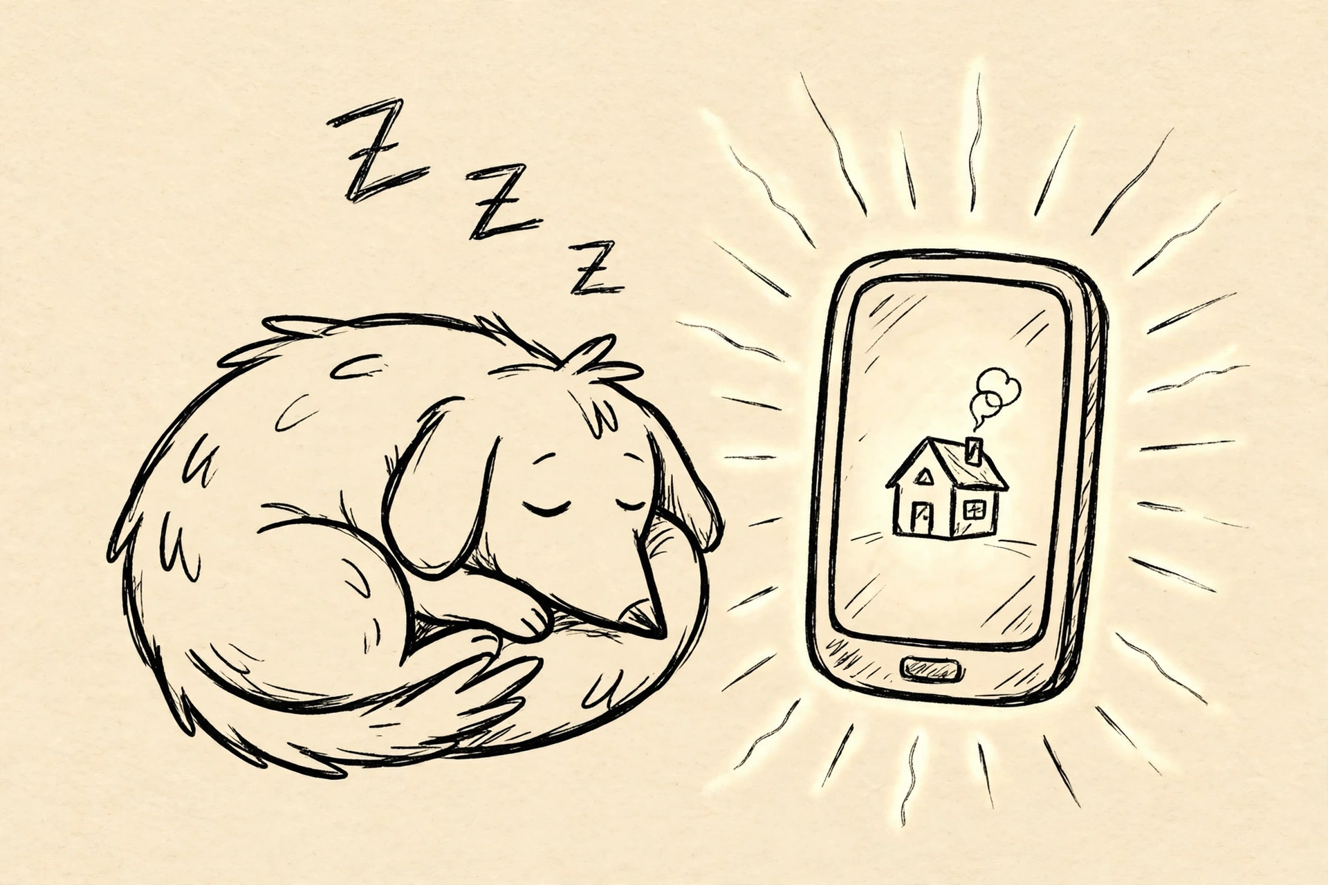Doodle of a bird dog asleep while a phone lights up with a new lead