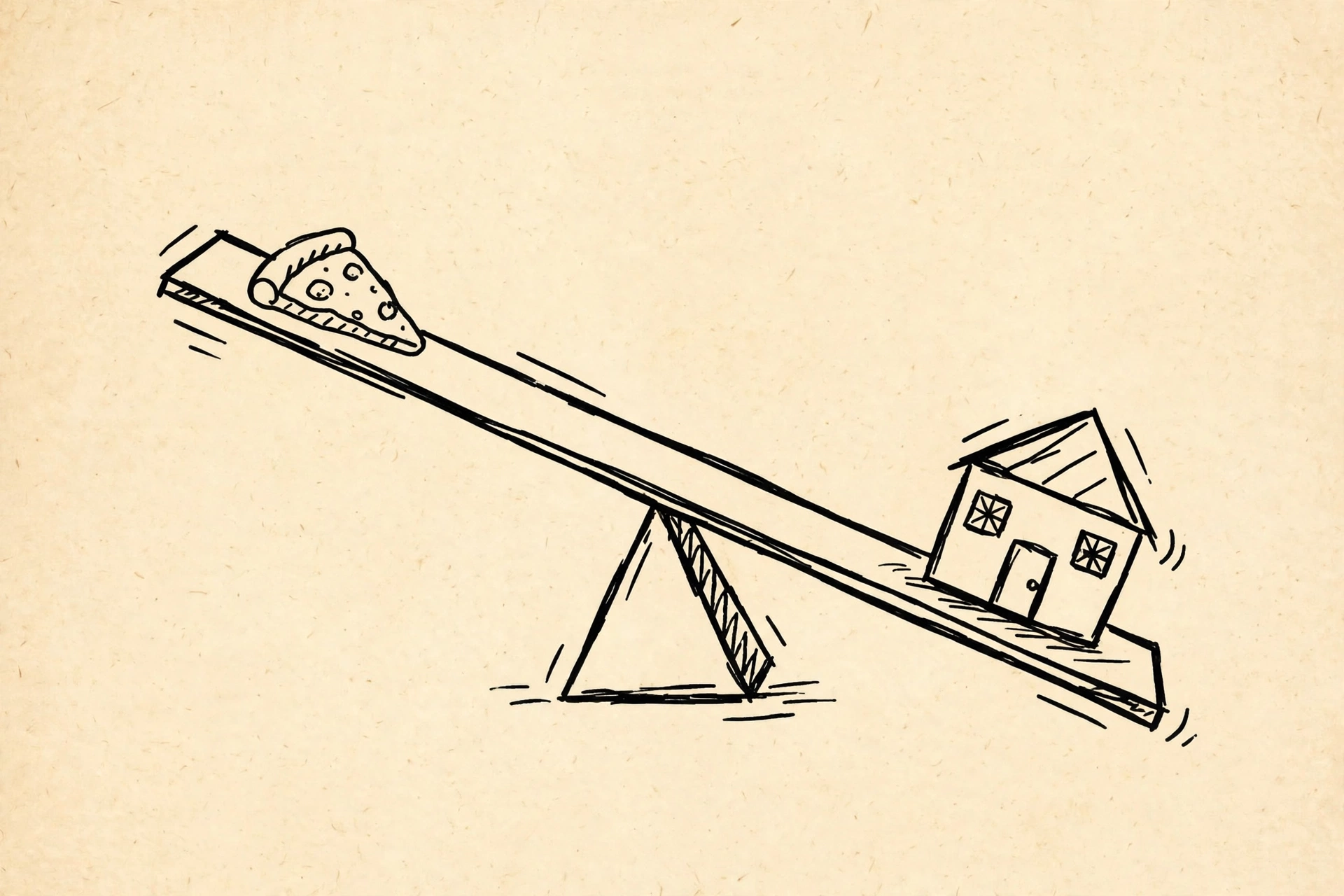Doodle of a pizza slice outweighed by a house on a seesaw